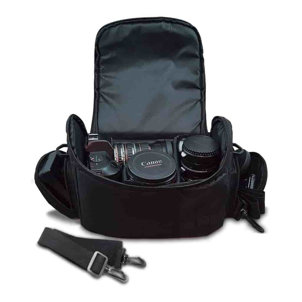 Opened black eCostConnection camera bag with a camera and lenses inside of it.
