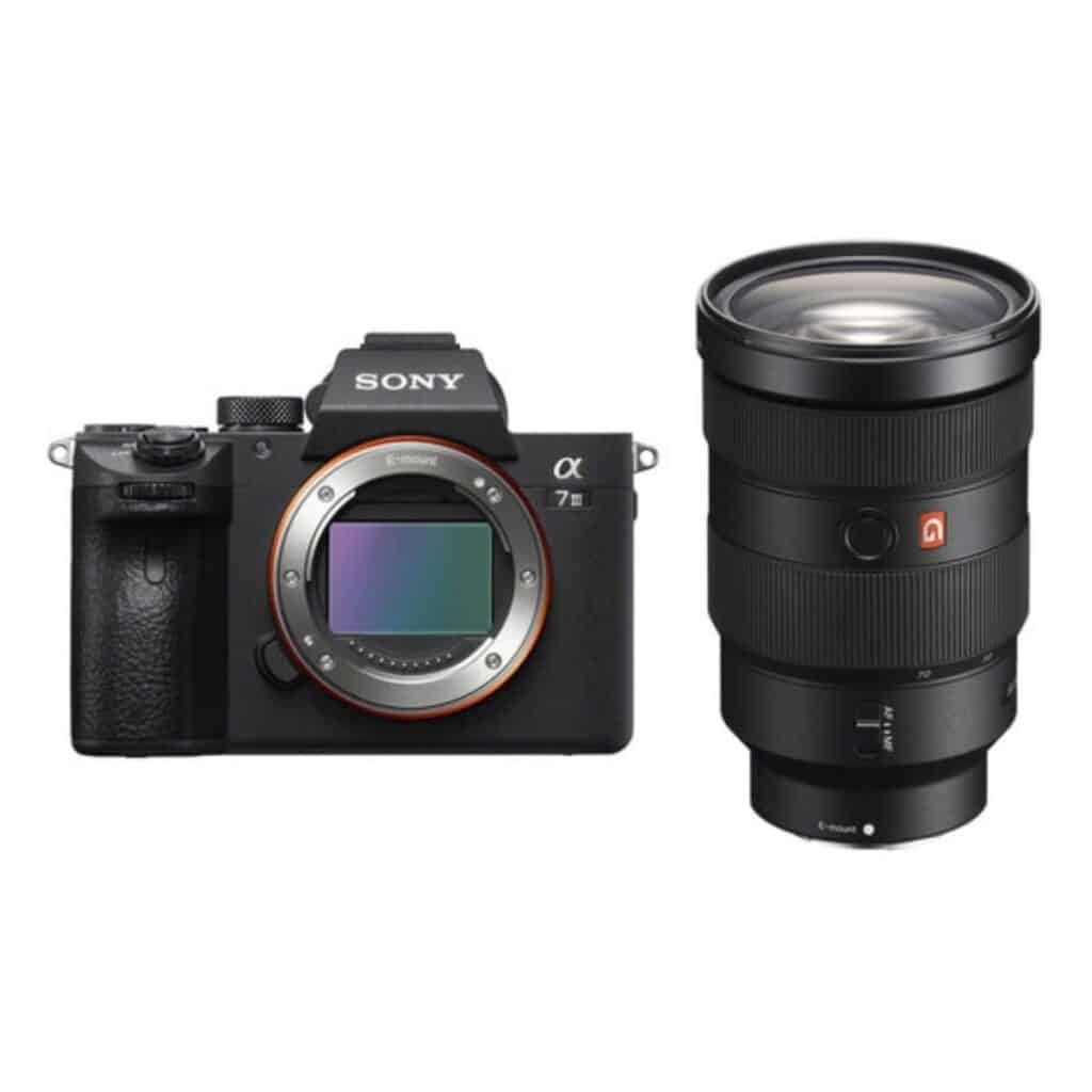 Sony a7 iii camera body with a lens on the side.