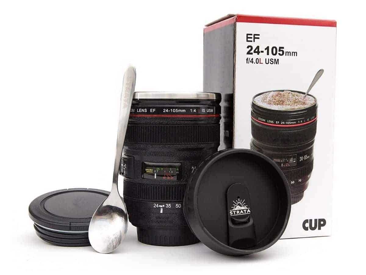 Camera lens mug, spoon, lids, and box.