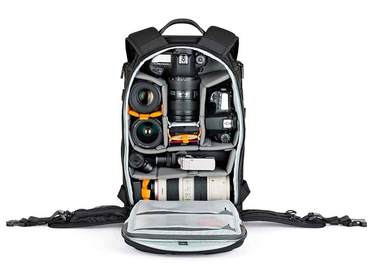 Inside of a Lowepro camera backpack.