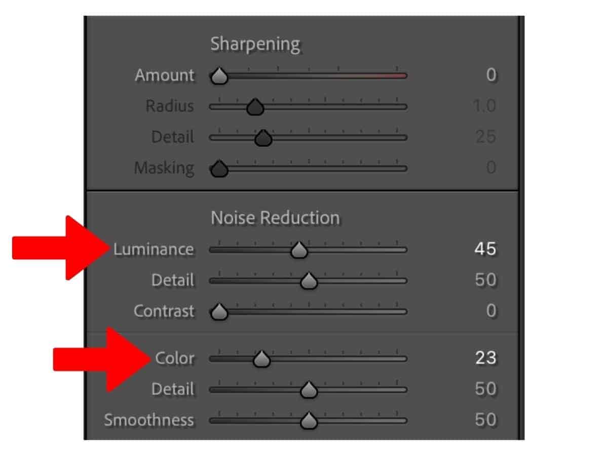 Noise Reduction panel in Lightroom.