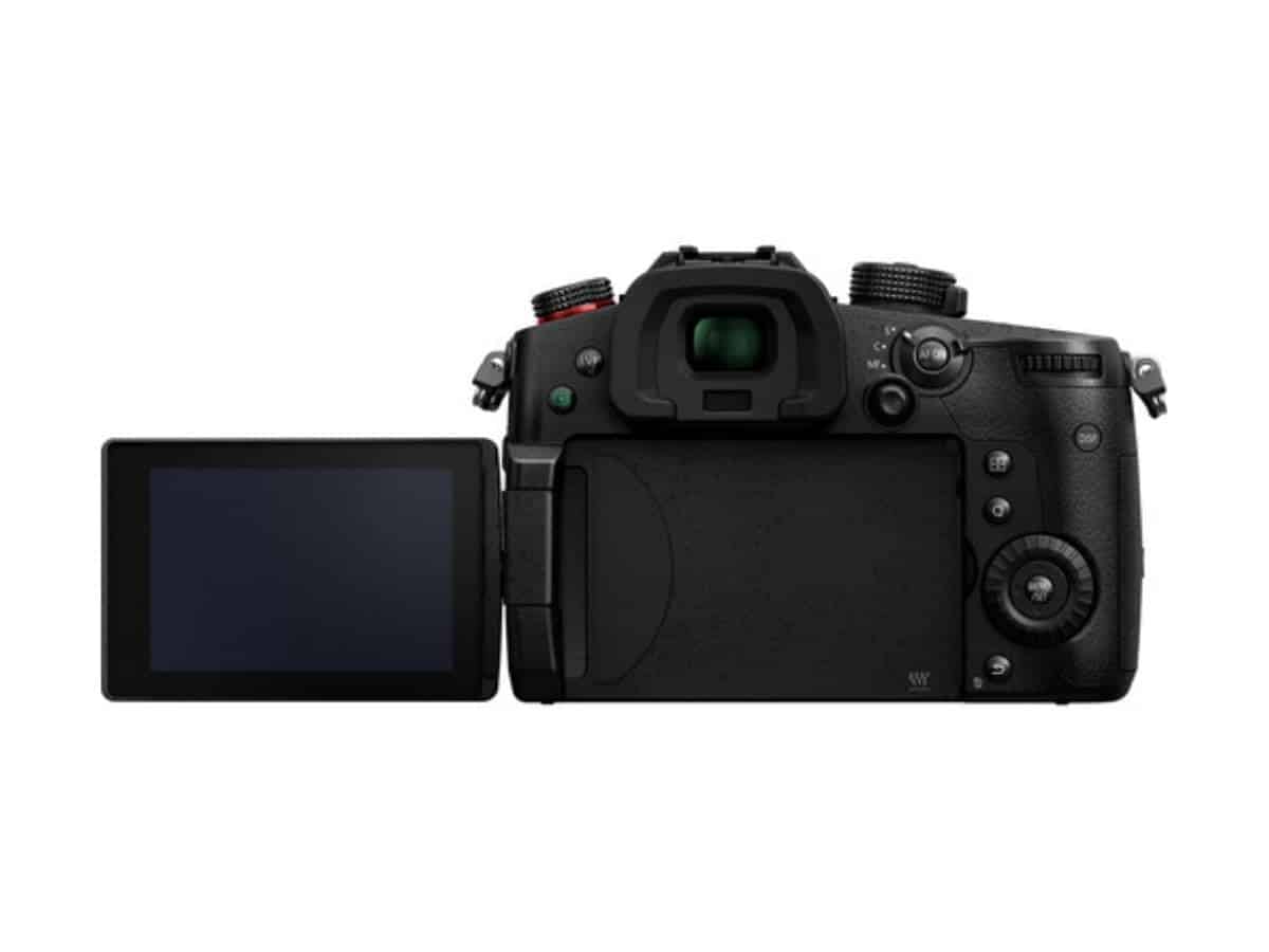 Back of a Panasonic Lumix GH5 II camera with the LCD flipped out.