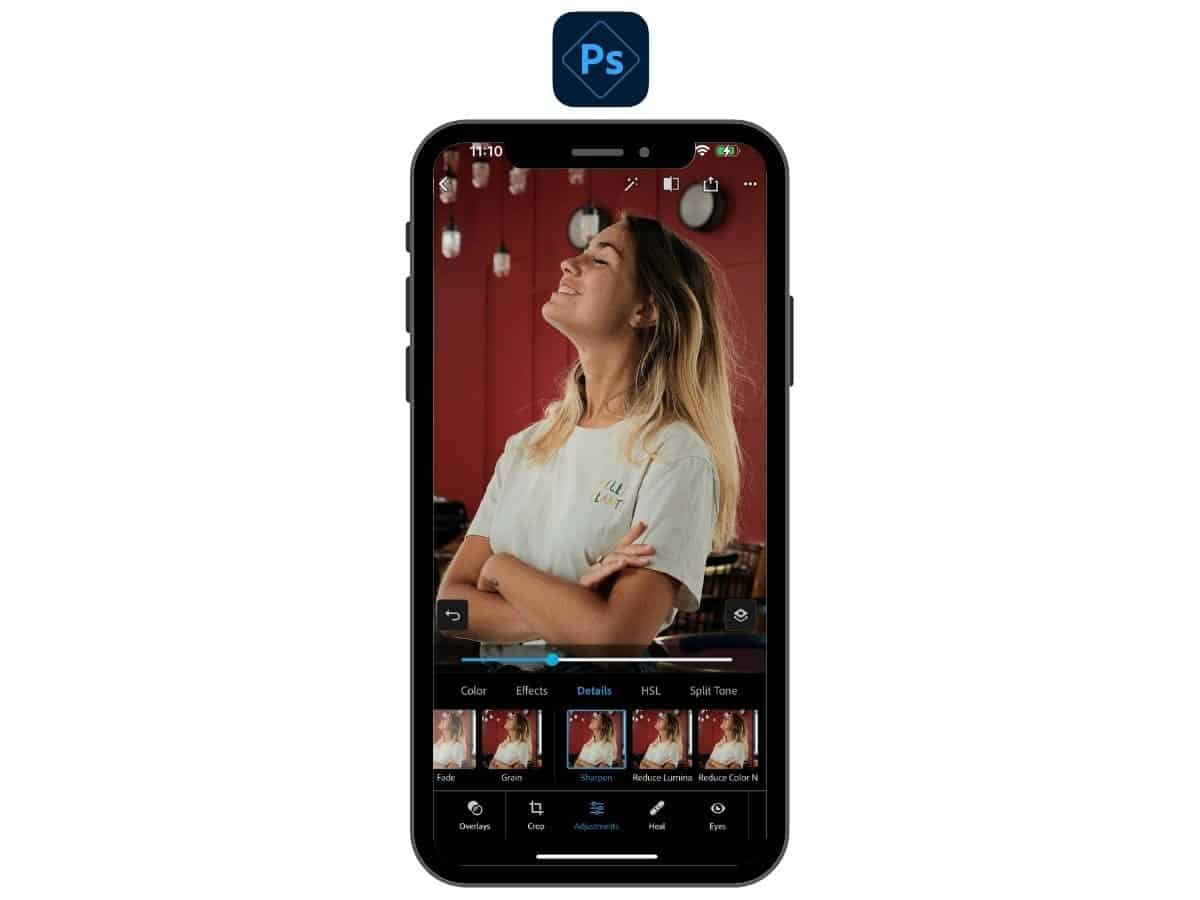 Sharpening a portrait in the Adobe Photoshop mobile app.