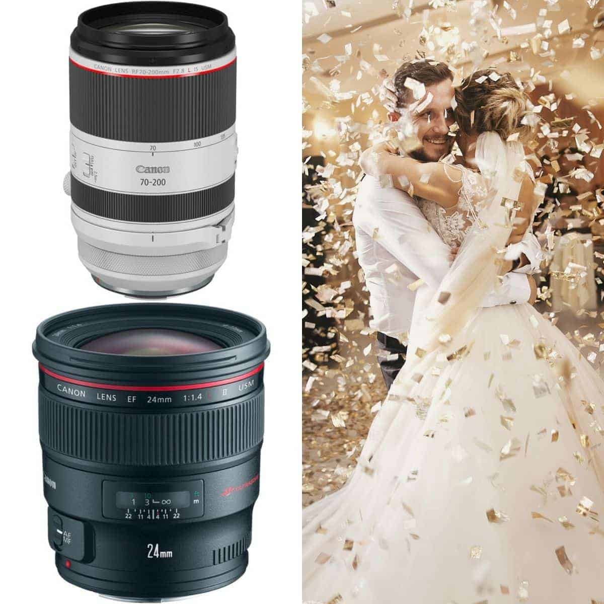 Two camera lenses and a couple celebrating their wedding.