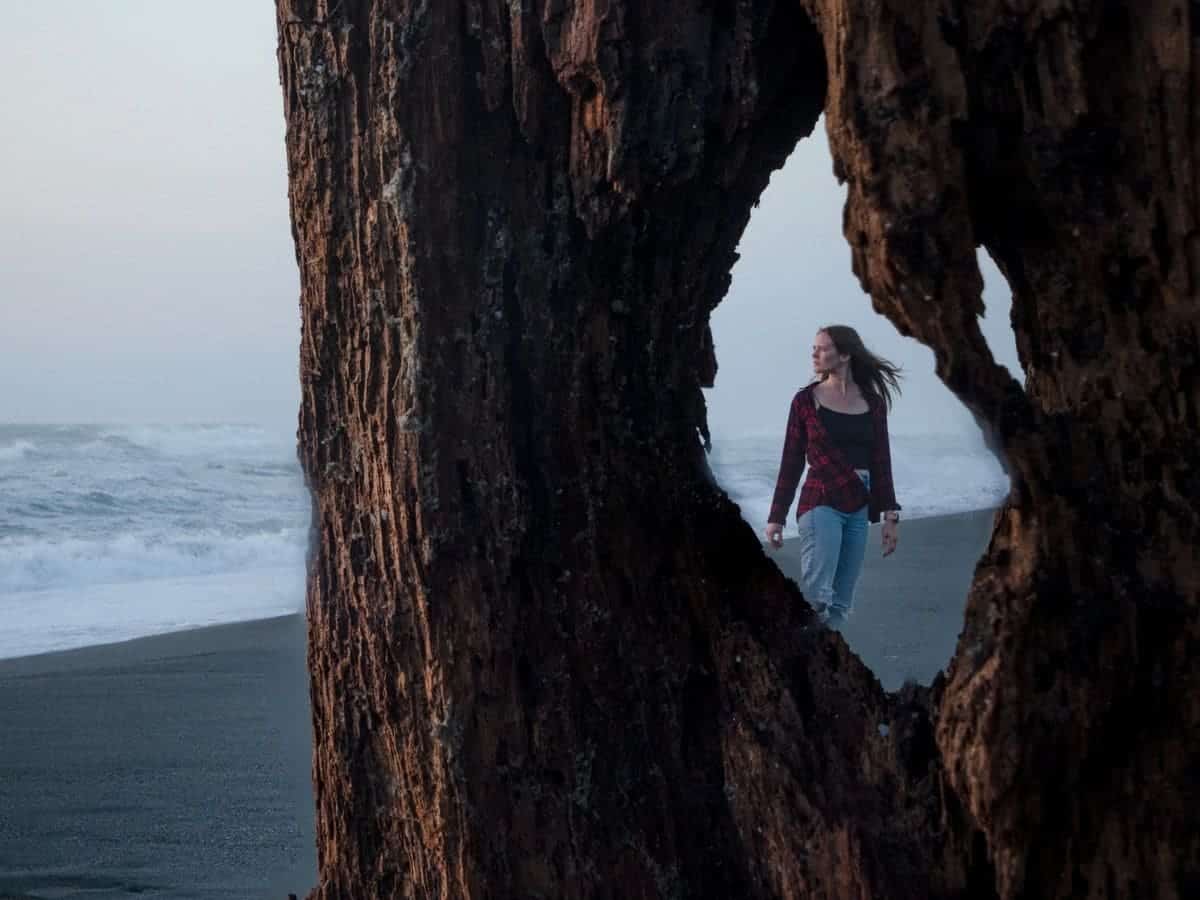Woman framed by driftwood near the ocean.