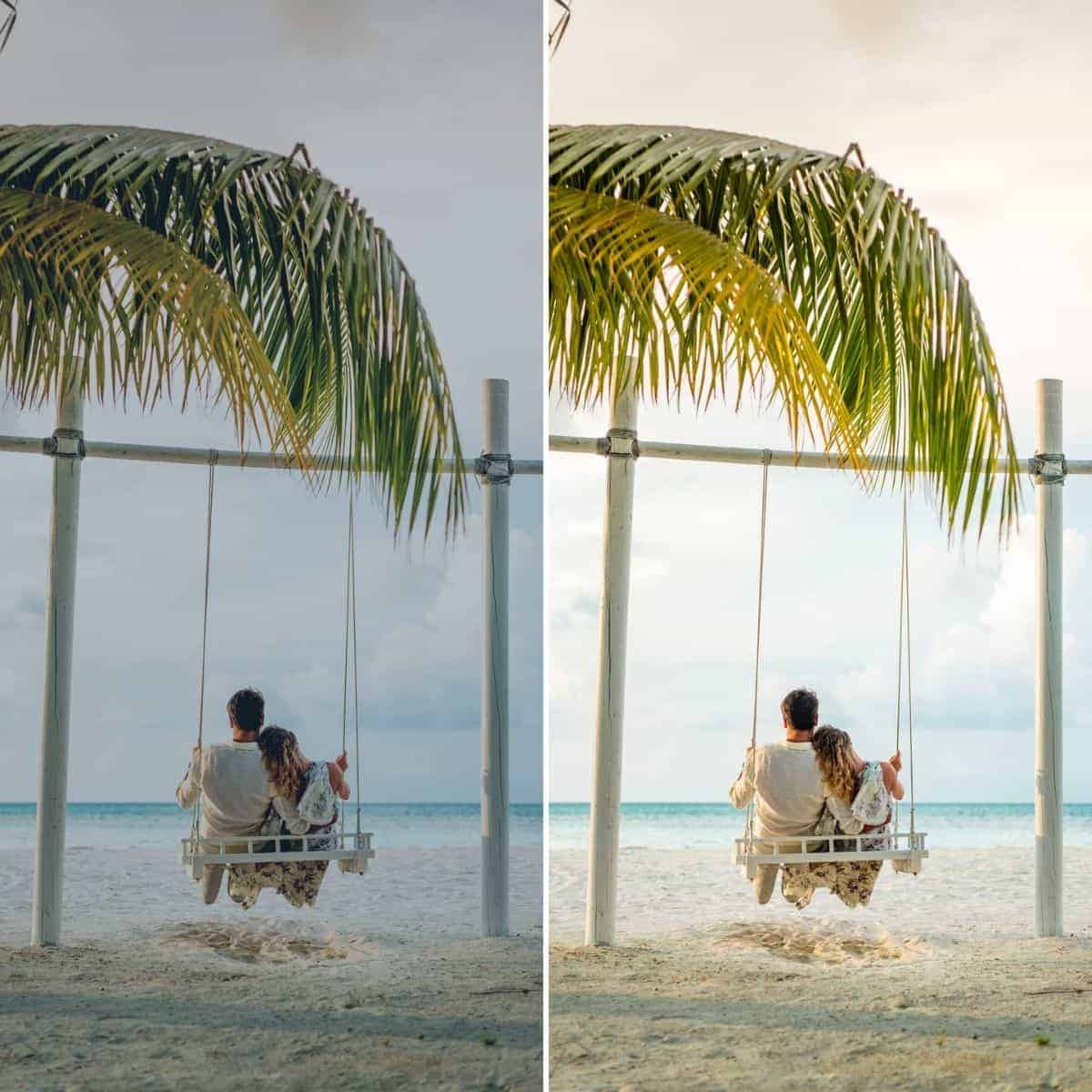Couple on a swing on a tropical beach.