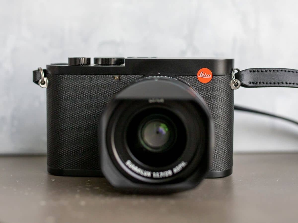 Front of a Leica Q2 camera.