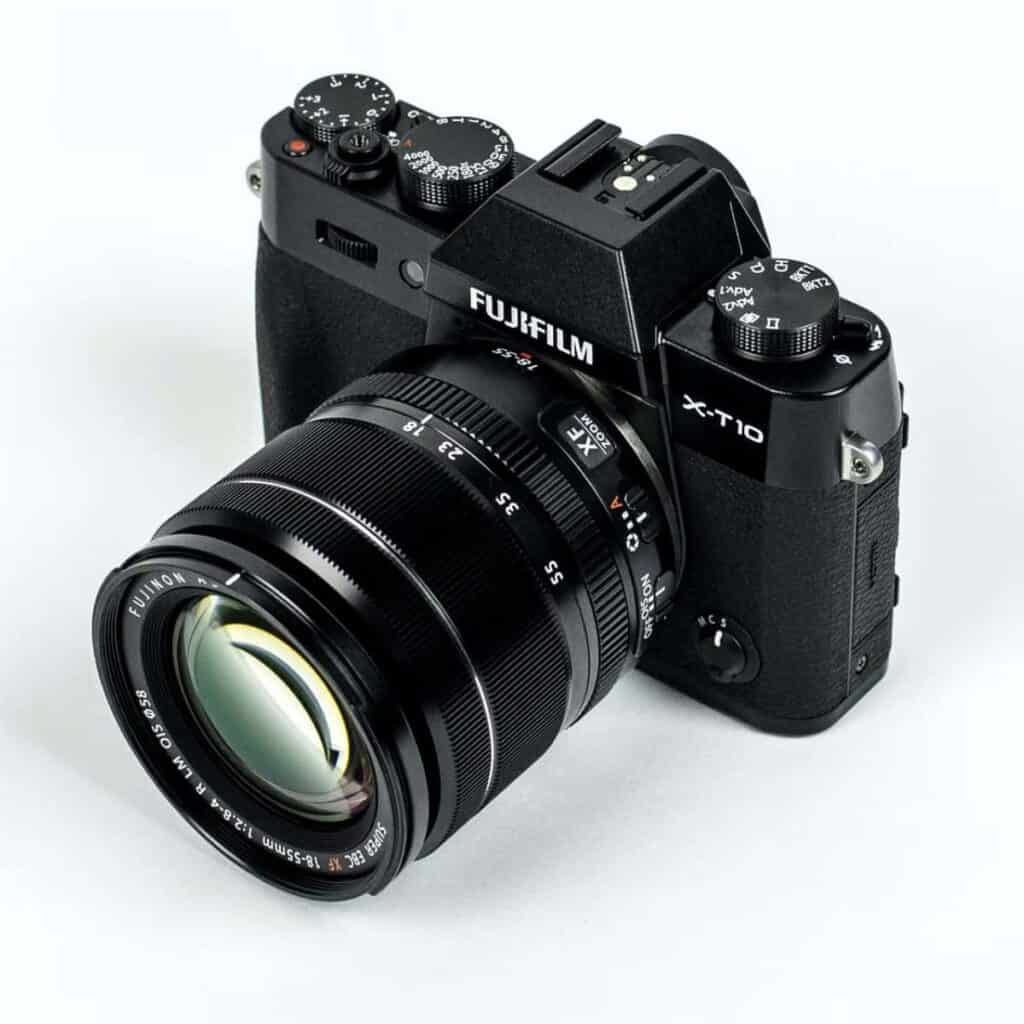 Fujifilm X-T10 camera with an 18 to 55 millimeter lens.
