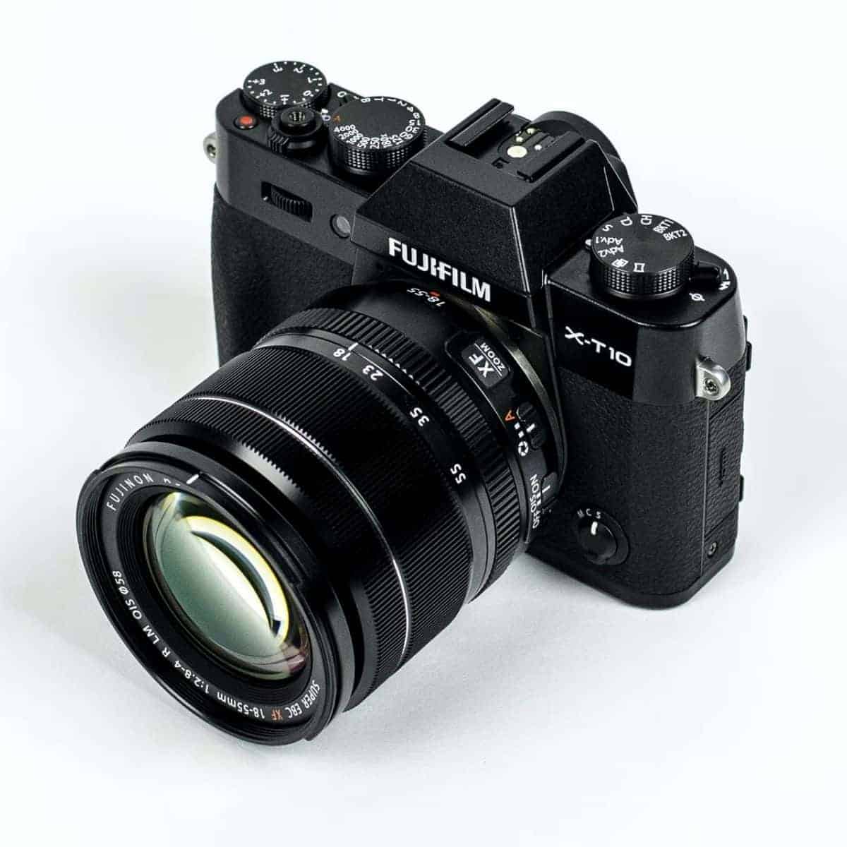 Fujifilm X-T10 camera with an 18 to 55 millimeter lens.