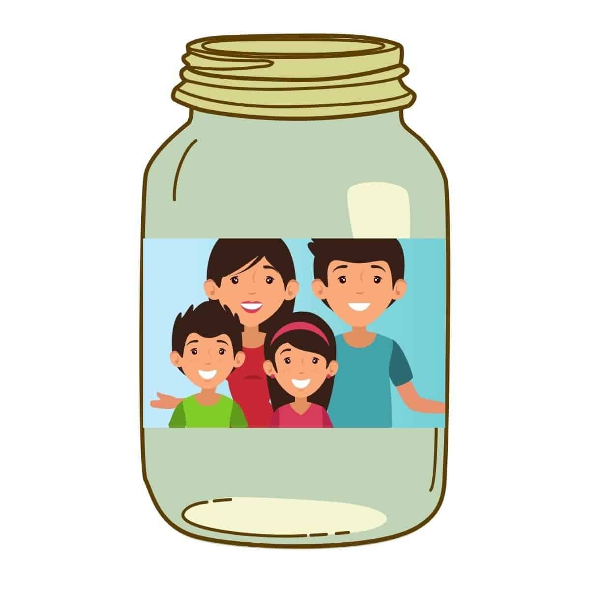 Glass jar with a family photo on it.