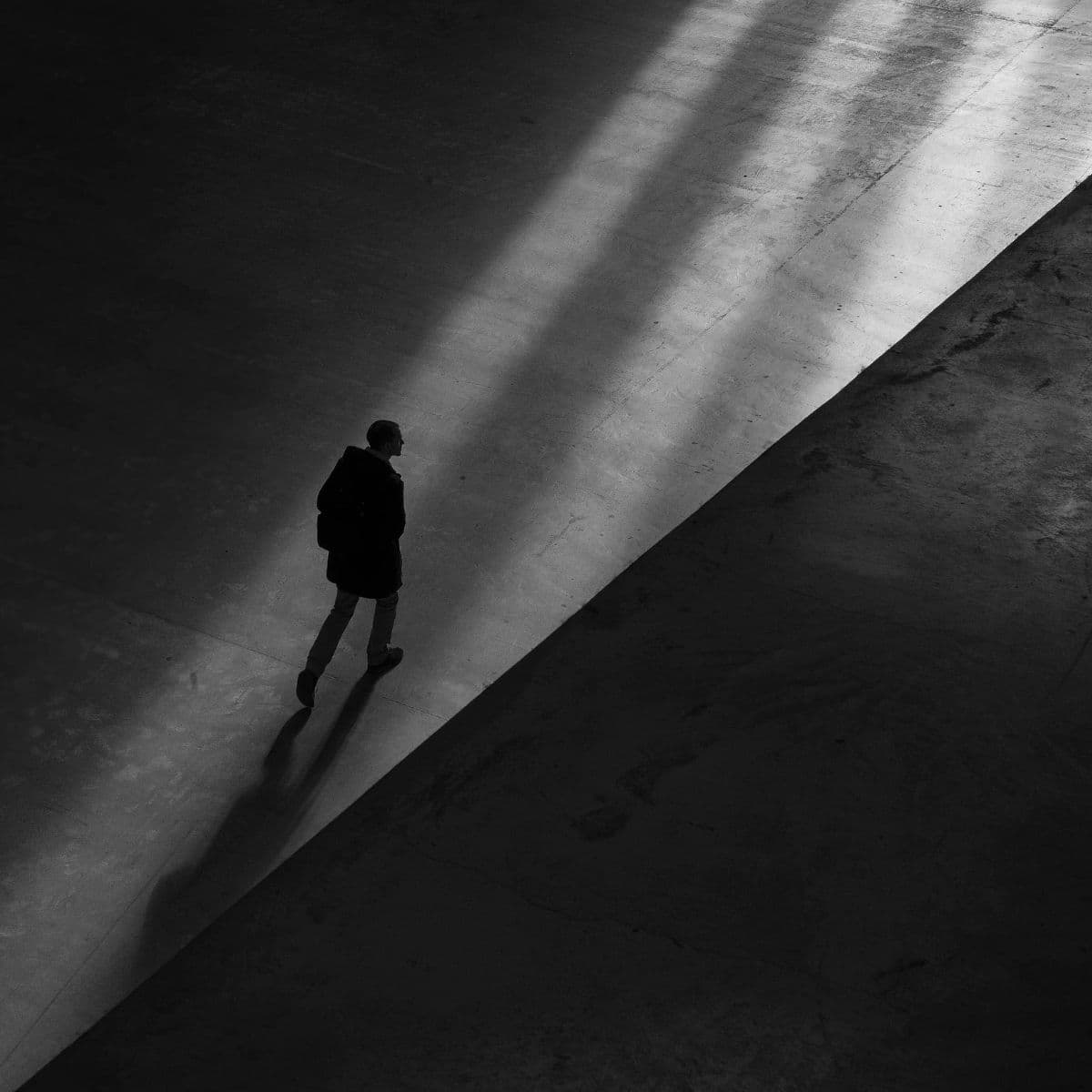 Aerial view of a man walking.