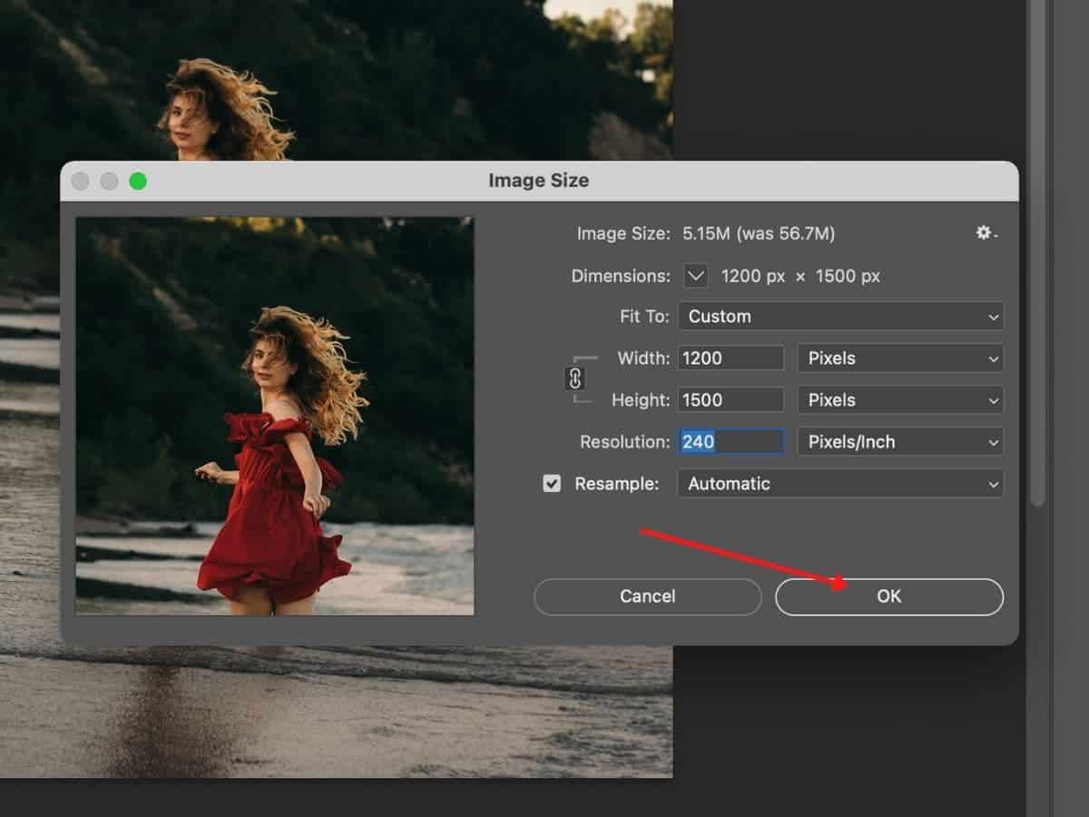 Image Size window in Photoshop with an arrow pointing at the OK button.