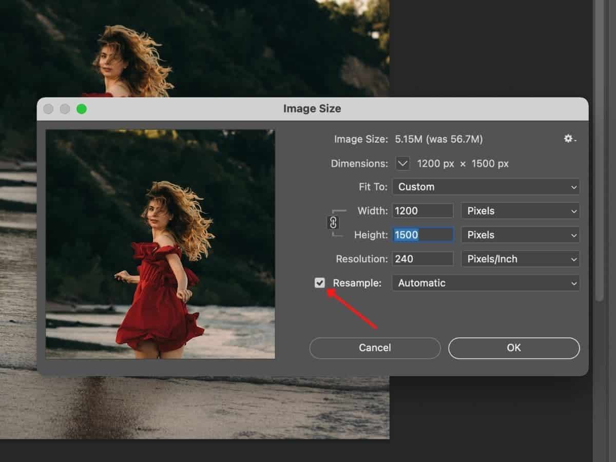Image Size window in Photoshop with an arrow pointing at the Resample checkbox.