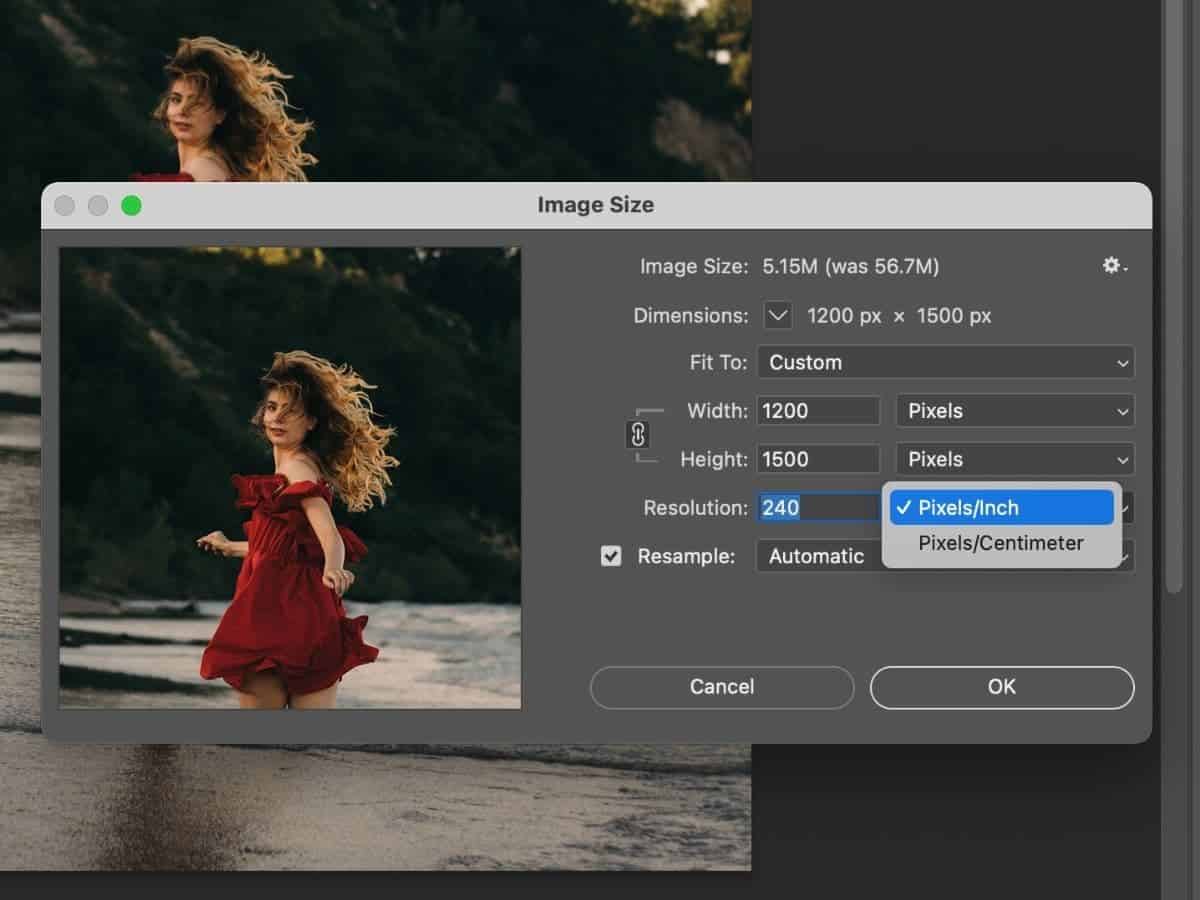 Image Size window in Photoshop showing the Resolution options.