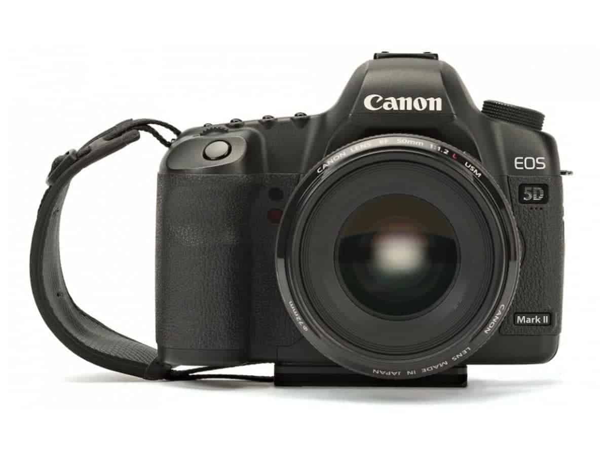 Canon camera with a hand strap attached.