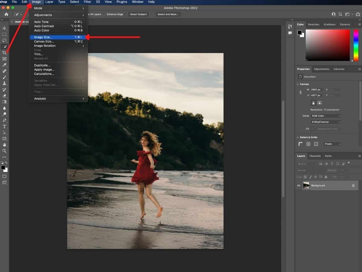 Image size dropdown in Photoshop.