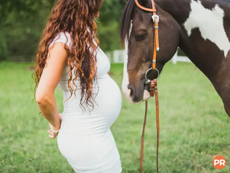 Pregnant woman and a horse in a field.