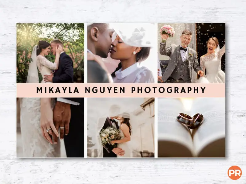 Business card with a collage of six wedding pictures.