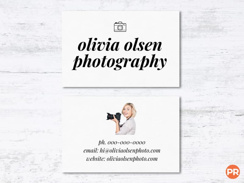 Front and back of a photography business card with a headshot.