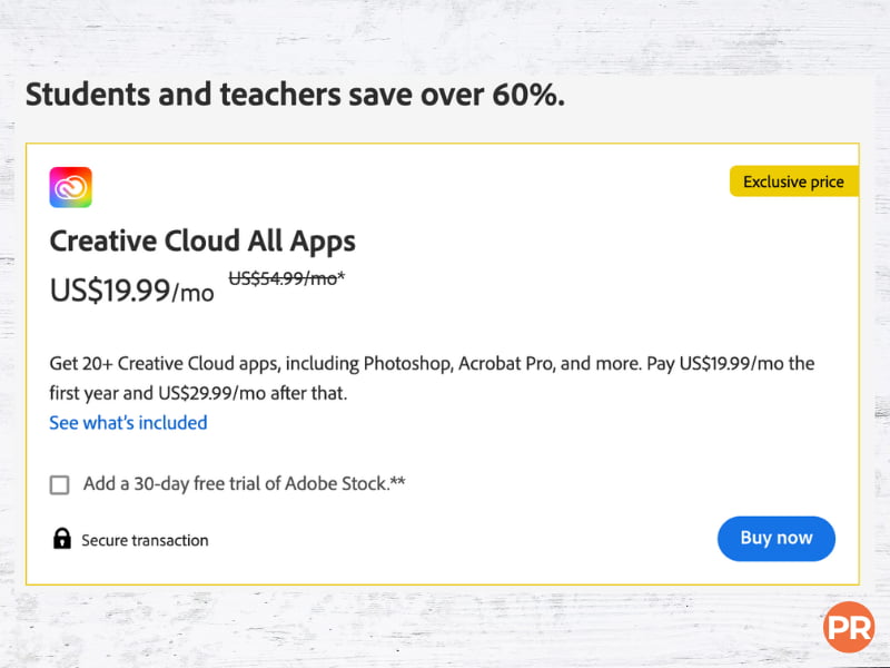 Adobe Creative Cloud pricing for students and teachers.