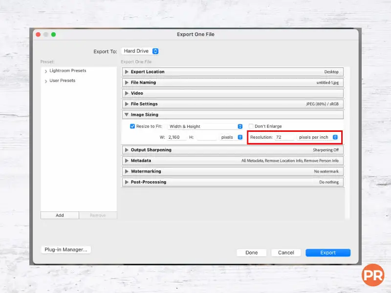 Lightroom export settings showing image resolution.